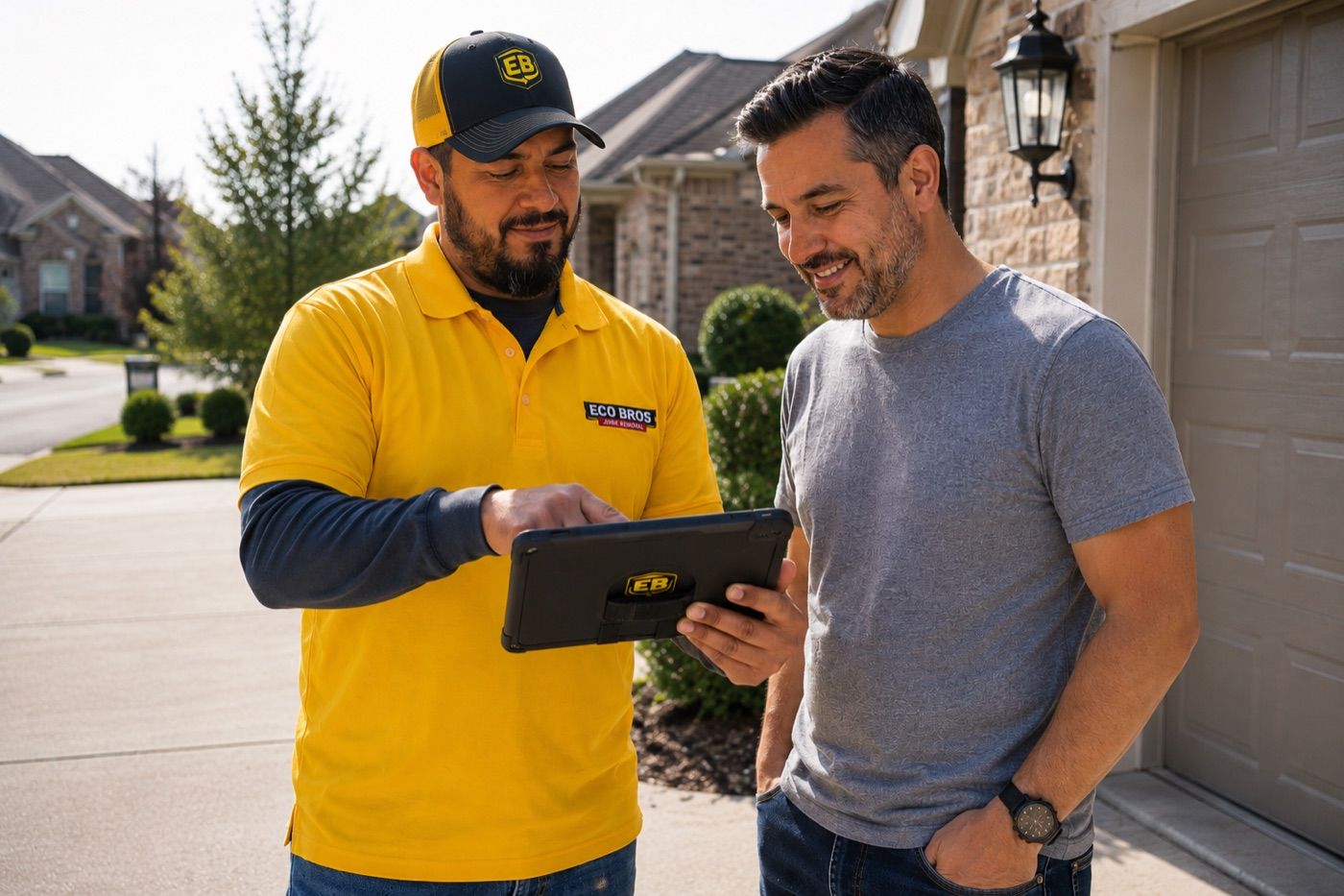 Eco Bros Junk Removal crew member reviewing a job quote on tablet with a customer