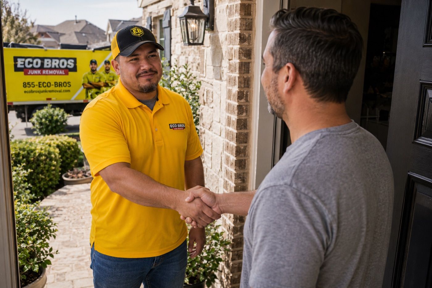 Eco Bros Junk Removal crew member shaking hands with a customer at a driveway dumpster delivery